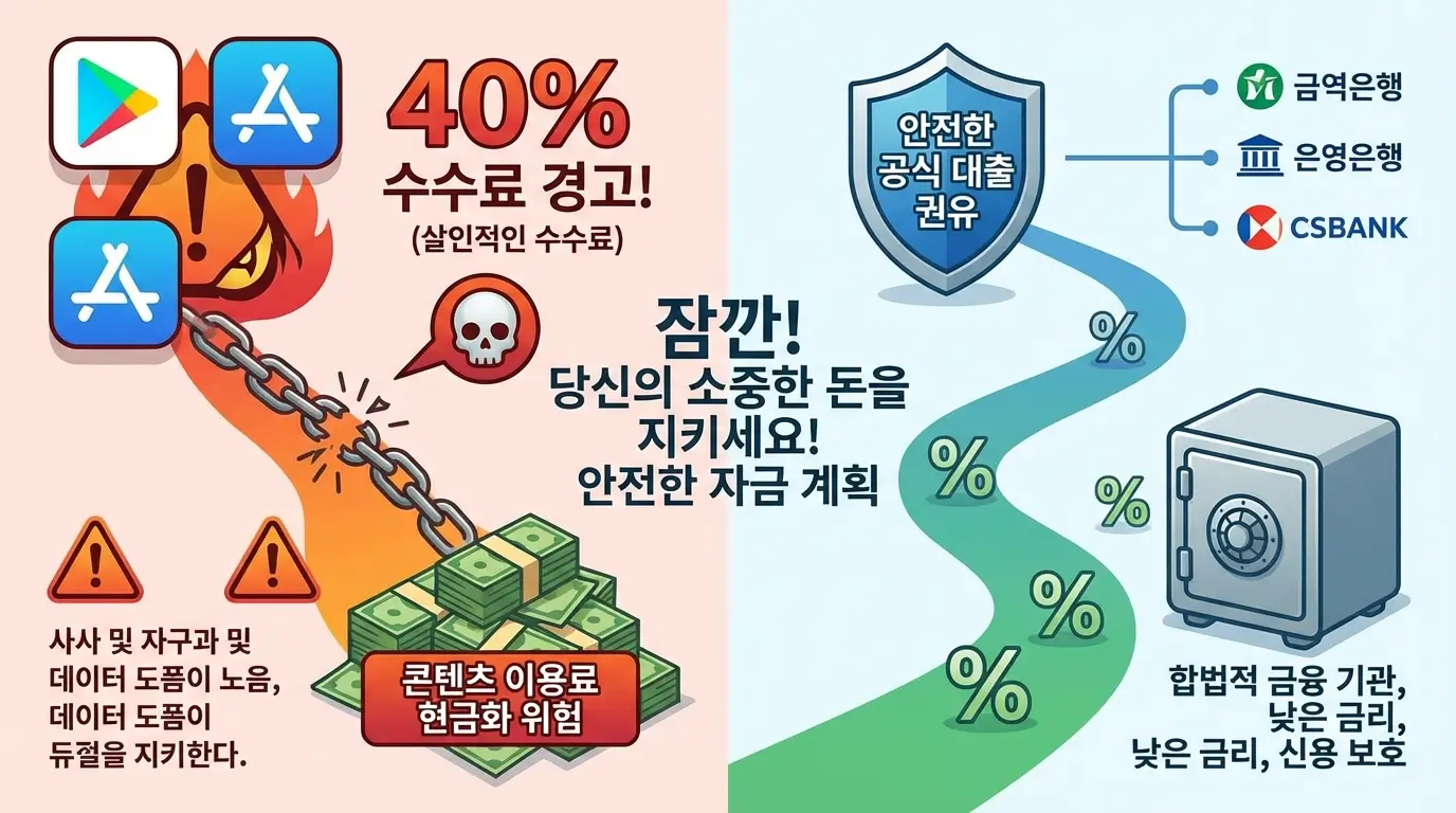 구글 및 아이폰 콘텐츠 이용료 현금화 시 발생하는 살인적인 수수료 40%를 경고하고 안전한 대출을 권유하는 인포그래픽