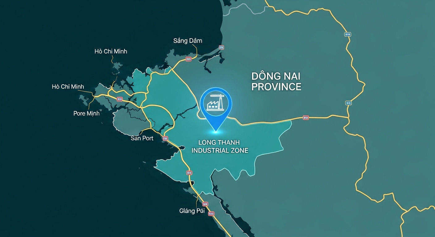 A clean satellite-style map illustration of southern Vietnam highlighting Dong Nai province and the Long Thanh Industrial Zone. A glowing blue location pin marks the construction site with a factory icon. Surrounding context shows Ho Chi Minh City, port facilities, and major highways. Dark teal background, professional infrastructure map style, English labels only.