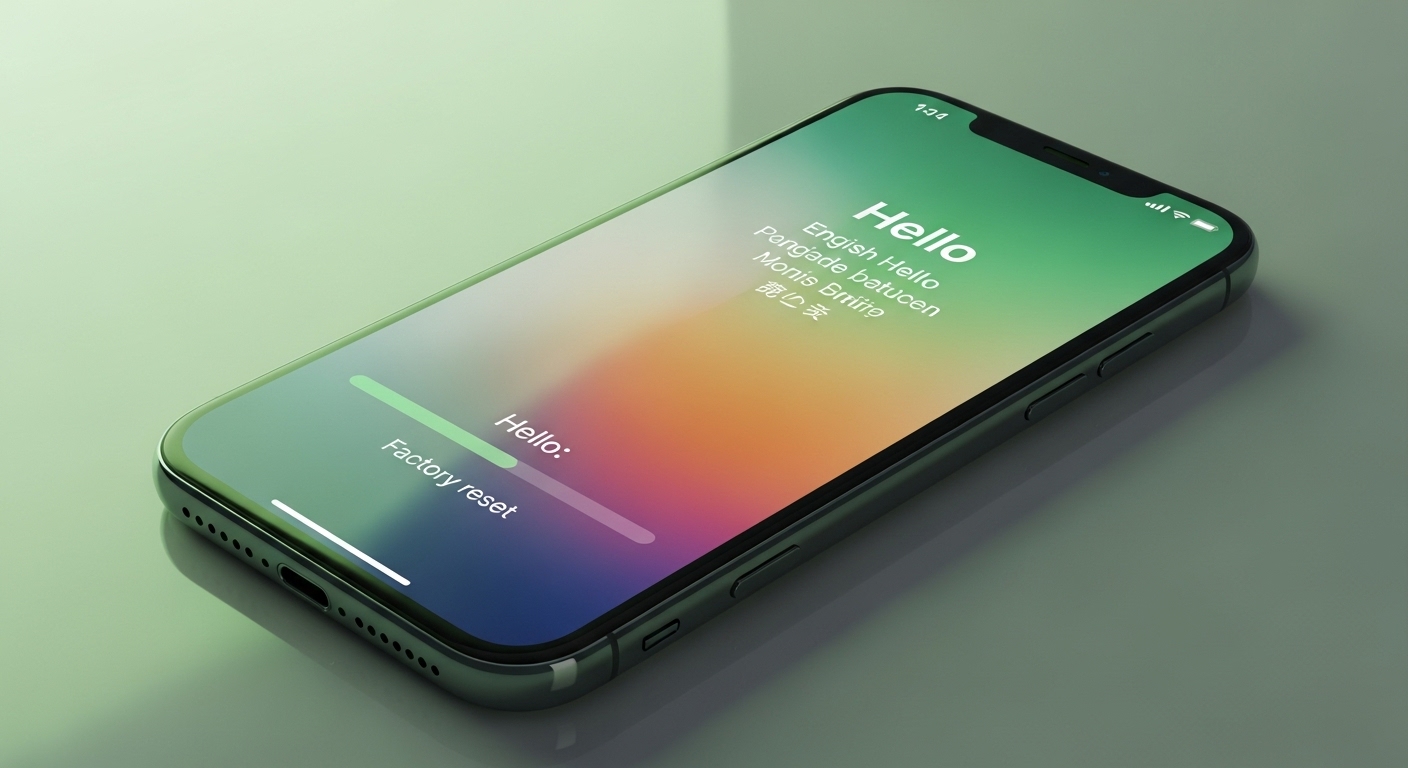 아이폰이 초기화 진행 중이거나 '안녕하세요' 화면이 나타나 있는 모습.