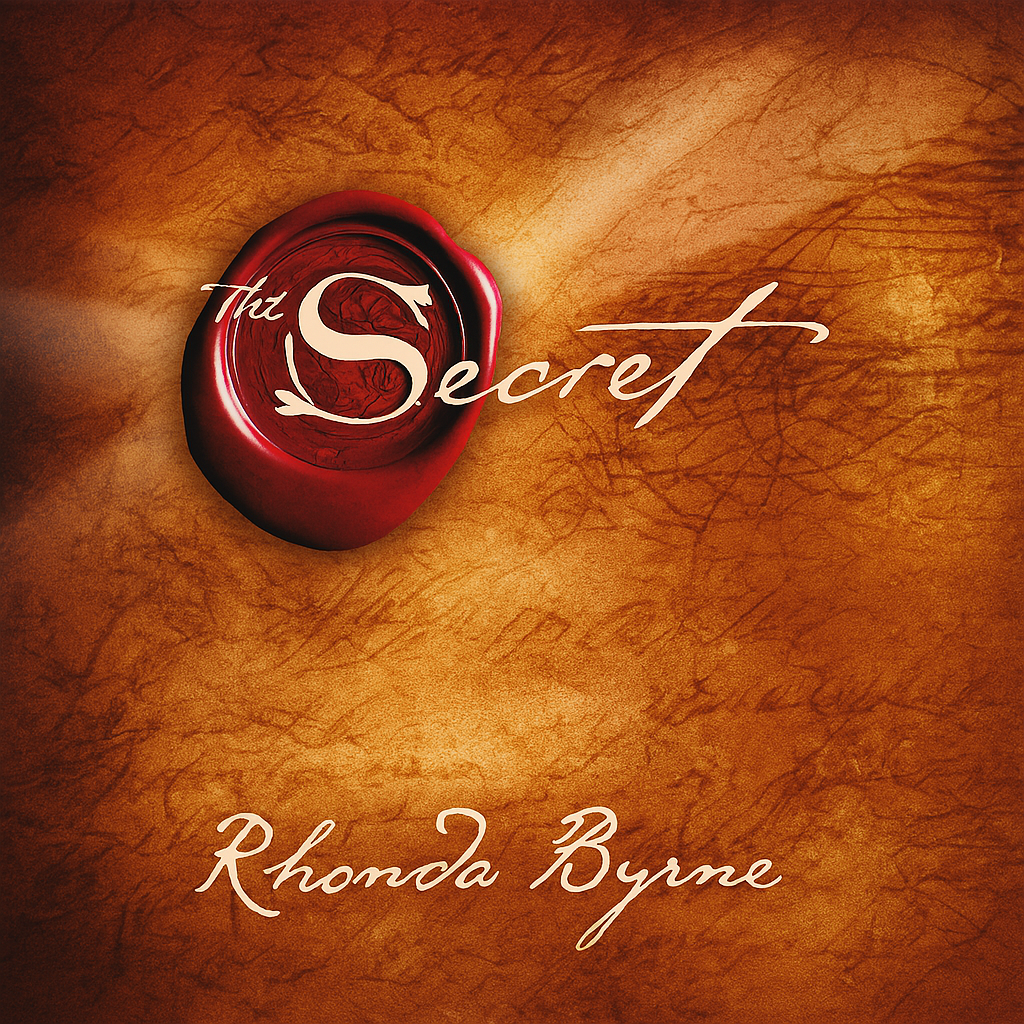 시크릿 책 표지 이미지 – 끌어당김의 법칙을 상징하는 빛과 에너지, 생각이 현실이 되는 모습을 표현