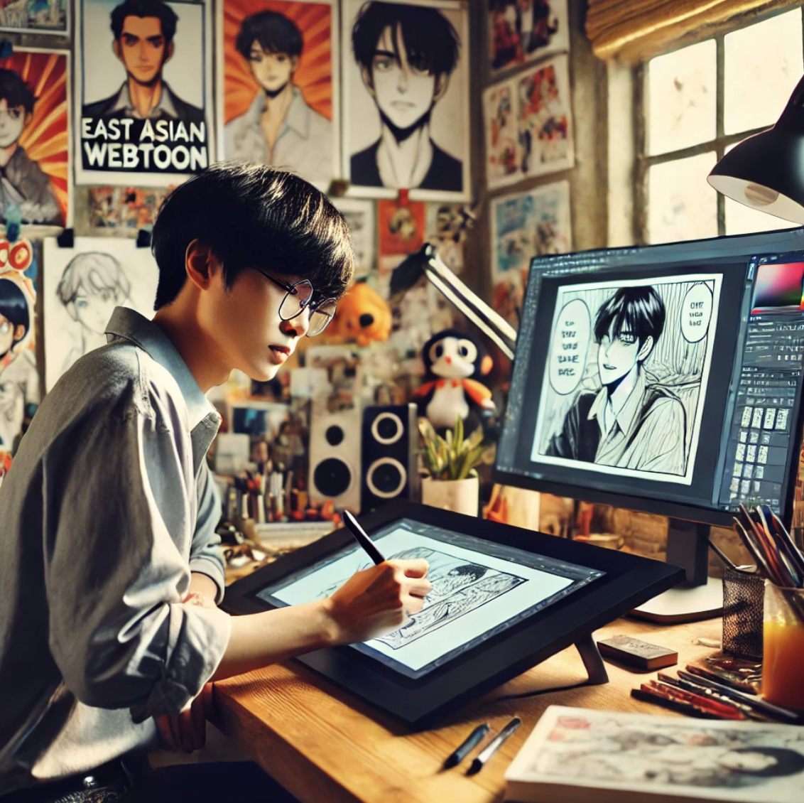 웹툰 작가의 작업하는 모습 사진