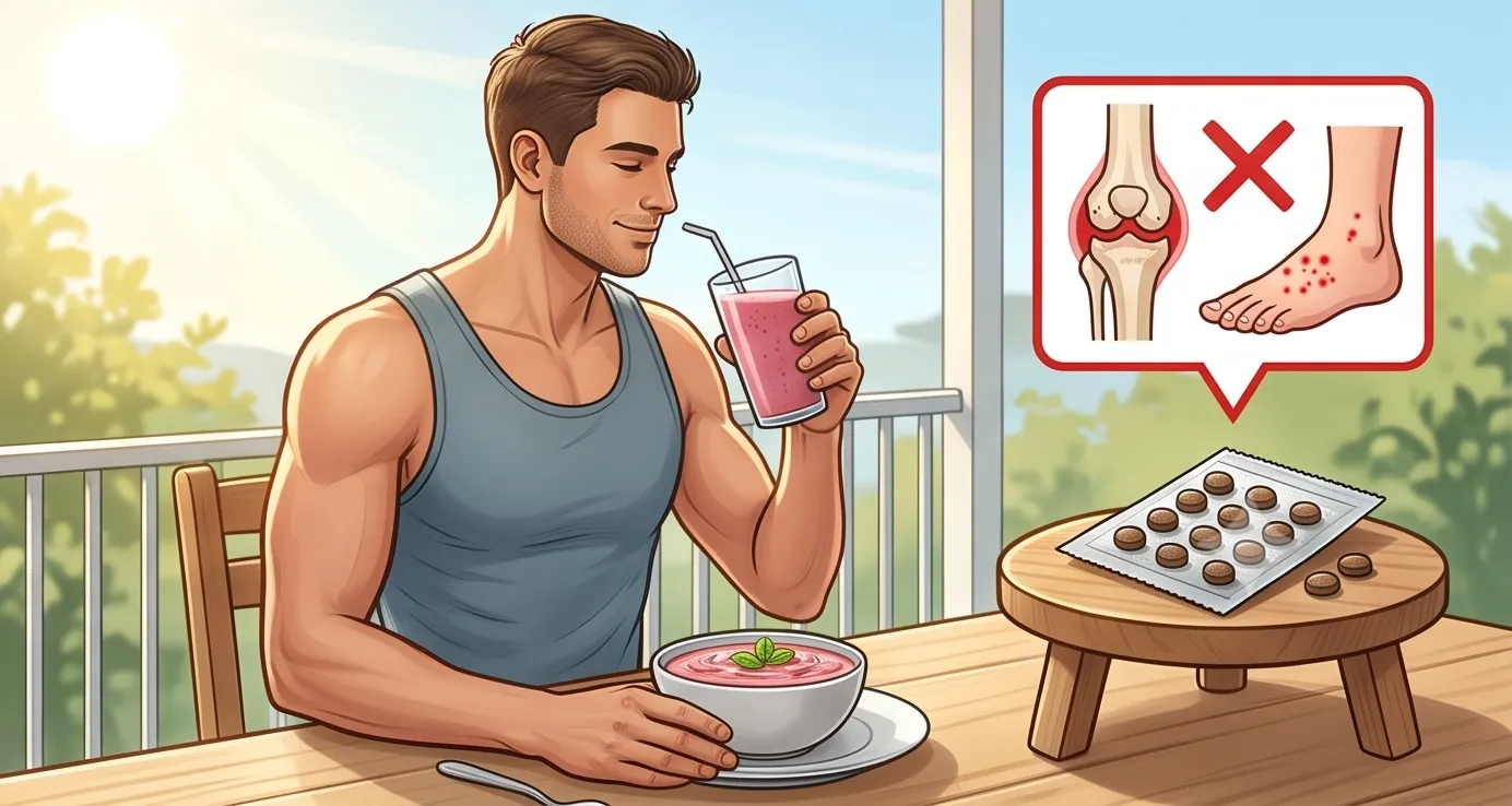 야외 테라스에서 건강 음료를 마시는 남성과 그 옆 테이블에 놓인 맥주효모 환 제품, 그리고 관절 통증 및 통풍(붉은 발) 부작용 주의를 나타내는 붉은색 엑스표(X) 경고 표시
