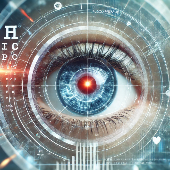 고혈압으로 인해 시야가 흐려진 상황을 나타낸 눈의 클로즈업 이미지.