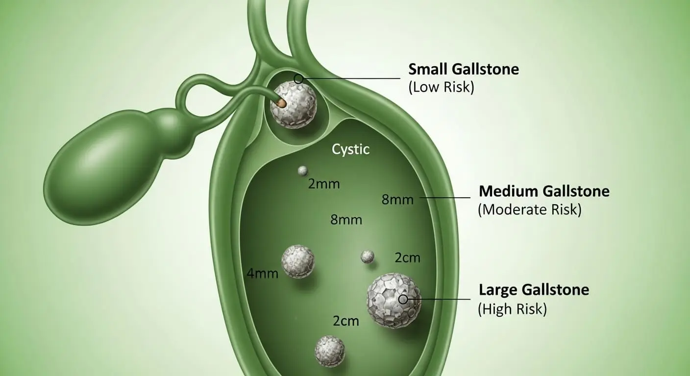 담낭 내 담석의 크기가 커질수록 담낭암 발생 위험이 증가함을 보여주는 일러스트.