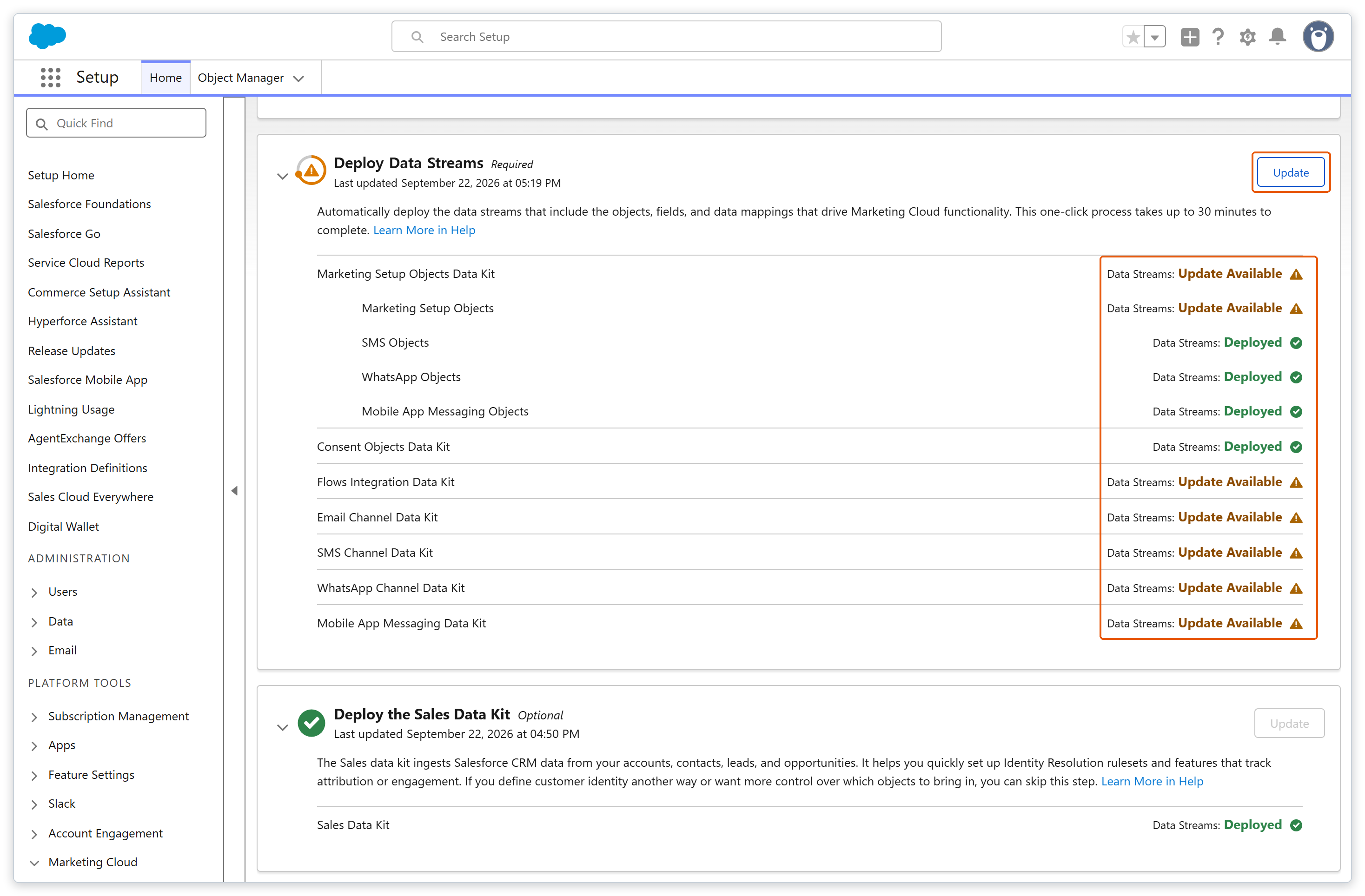 Deploy Data Streams 섹션의 데이터 키트 목록과 Update 버튼