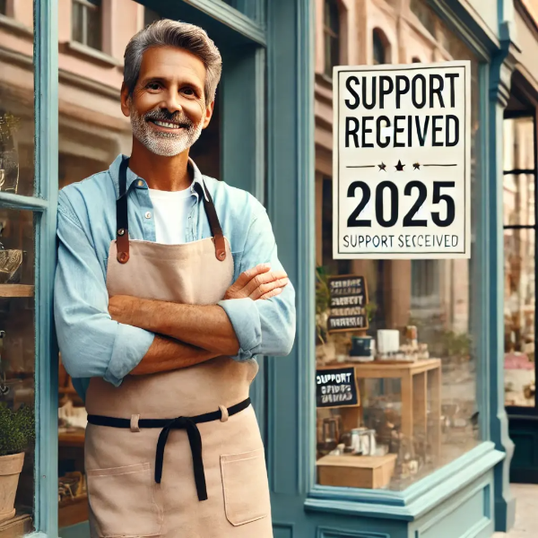 가게 앞에서 '지원 완료' 안내문과 함께 당당한 미소를 짓고 있는 중년 소상공인의 초고해상도 사진