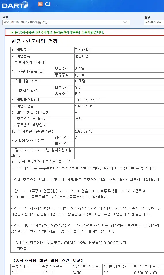 CJ(001040) 2025년 배당락일