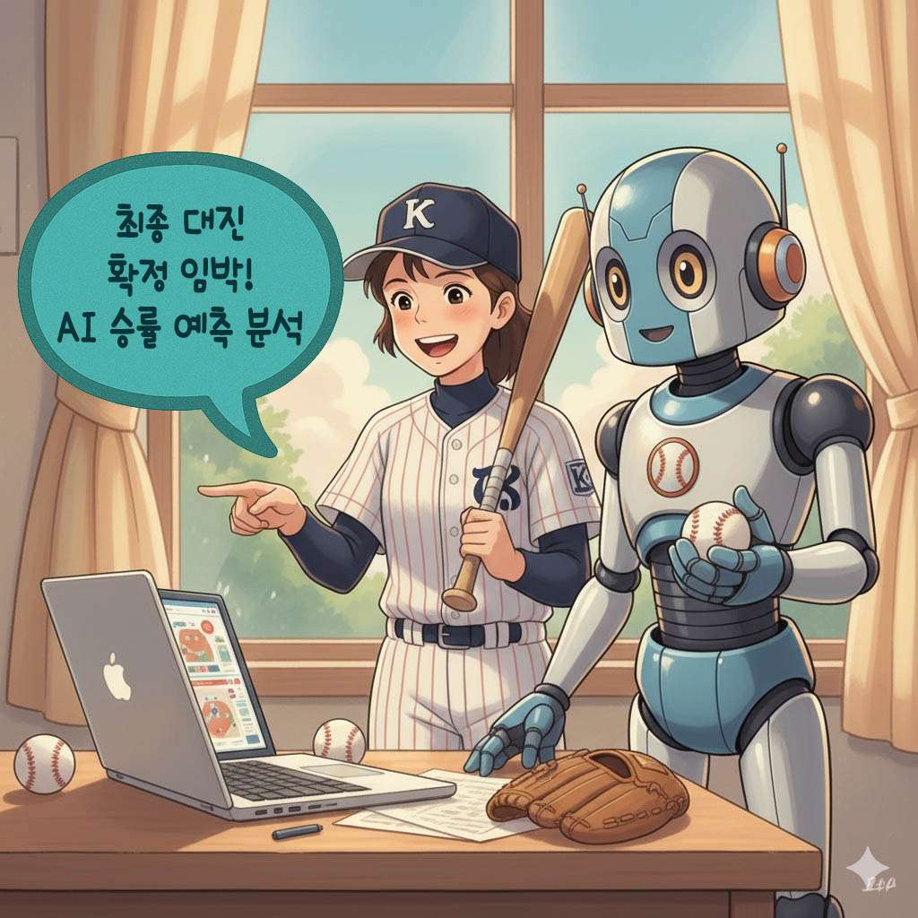 &amp;quot;야구 유니폼을 입은 선수가 로봇과 함께 노트북을 보며 웃는 지브리풍 일러스트. 노트북 화면에는 AI 분석 그래프가 표시되어 있고&amp;#44; 말풍선에는 &amp;#39;최종 대진 확정 임박! AI 승률 예측 분석&amp;#39; 문구가 적혀 있다. 책상 위에는 야구 글러브와 공이 놓여 있다.&amp;quot;