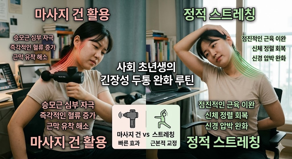 사회 초년생의 업무 스트레스와 긴장성 두통을 해소하는 승모근 이완 전략: 마사지 건 활용과 스트레칭의 효과 분석 가이드