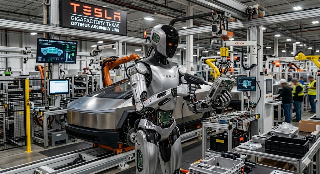 기가팩토리 라인에서 부품을 조립하고 있는 테슬라 옵티머스 3세대의 모습