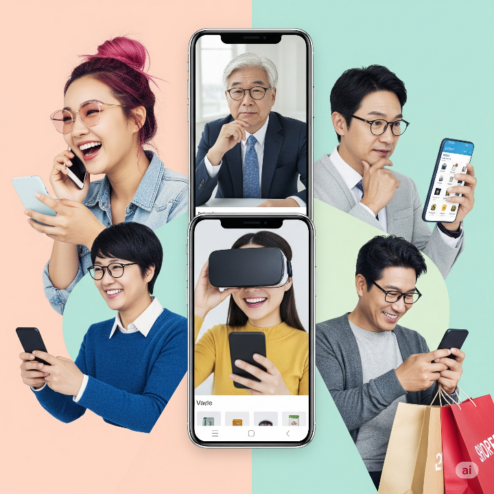 다양한 현대 한국인들이 스마트폰을 통해 온라인으로 소통하는 모습