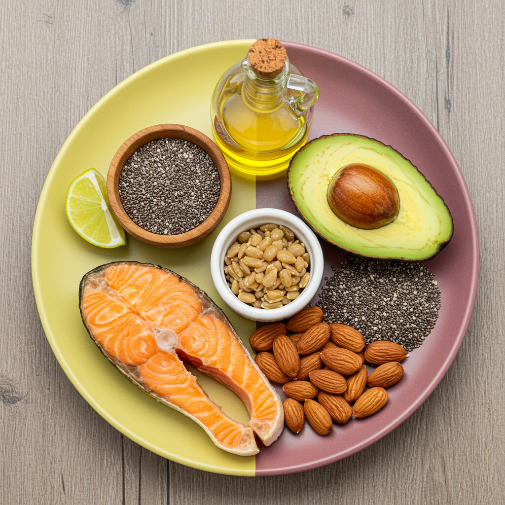생선, 견과류, 아보카도 등 균형 잡힌 지방 섭취를 위한 다양한 음식
