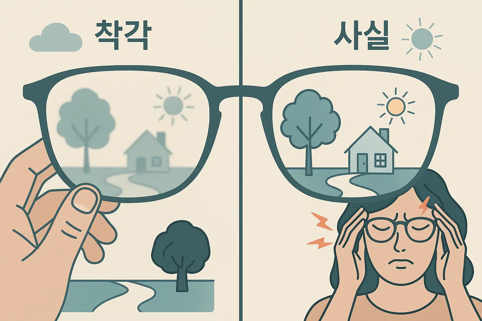 안경을 쓰면 세상이 선명해지는 장면(왼쪽 흐림, 오른쪽 선명), ‘착각 vs 사실’ 인포그래픽, 도수 잘못된 안경으로 두통 겪는 모습