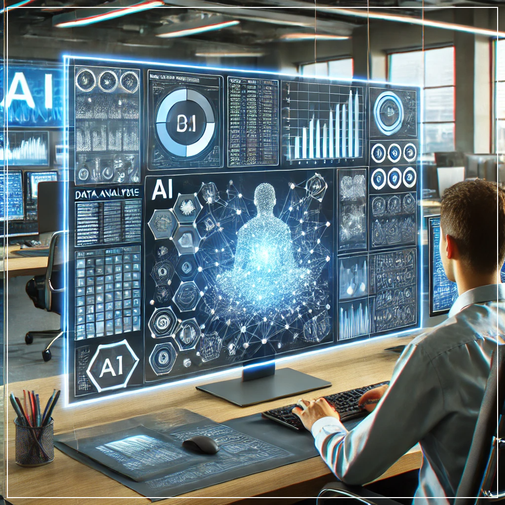 데이터 과학자가 AI 기반 데이터 분석 대시보드를 사용하여 복잡한 데이터 시각화 및 예측 모델을 분석하는 장면