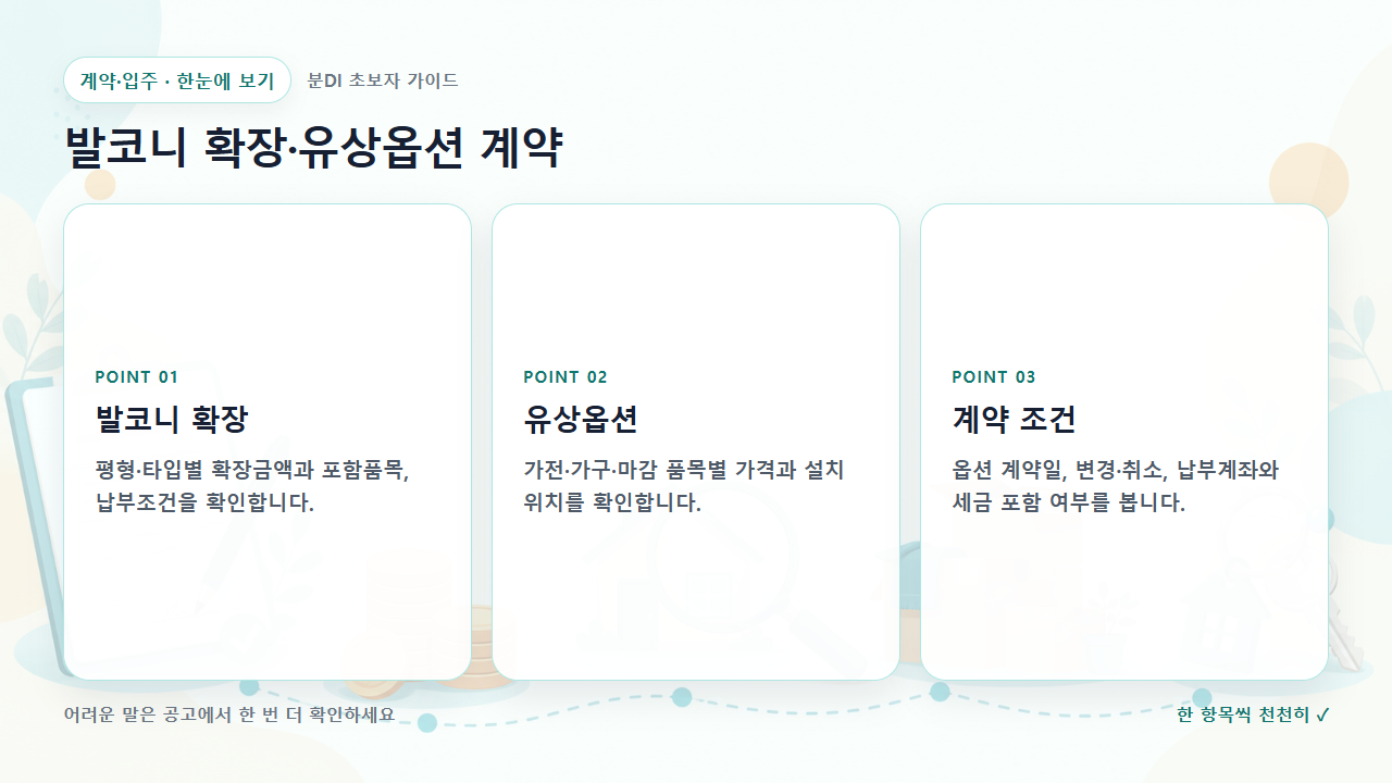발코니 확장&middot;유상옵션 계약 핵심을 세 칸으로 정리한 한눈에 보기