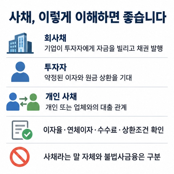 회사채는 기업과 투자자의 채권 관계이고 개인 사채는 대출 관계이며 불법사금융과는 구분해야 함을 보여주는 인포그래픽