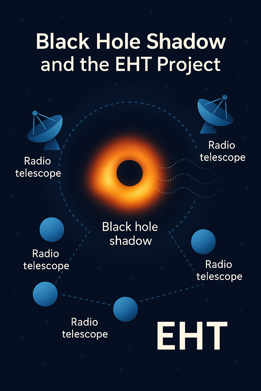 블랙홀 그림자와 EHT 프로젝트 개념도, 다수의 전파망원경이 블랙홀 그림자를 관측하는 모습