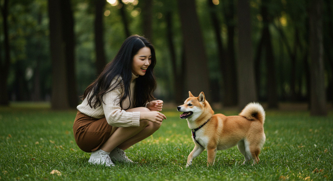 반려견과 추석 연휴에 놀고있는 여성 이미지