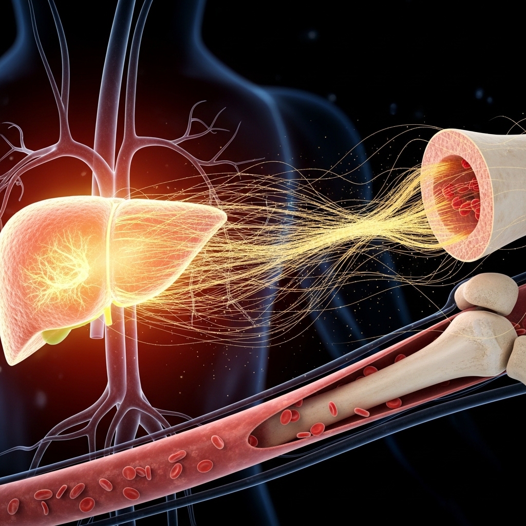 간에서 생성된 단백질이 혈류를 통해 뼈 건강을 돕는 모습