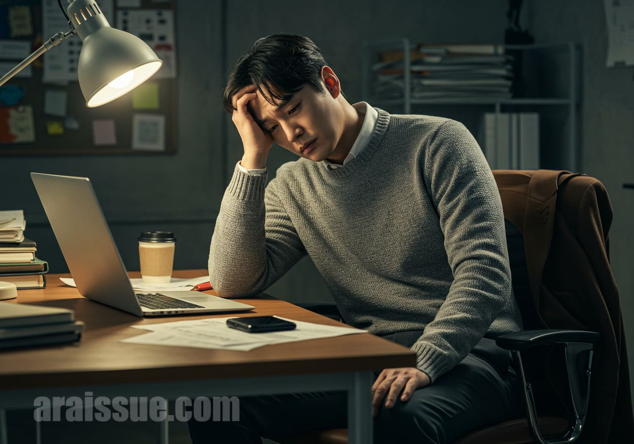 사무실 책상 앞에서 피곤하고 집중하지 못하는 한국 성인 남성