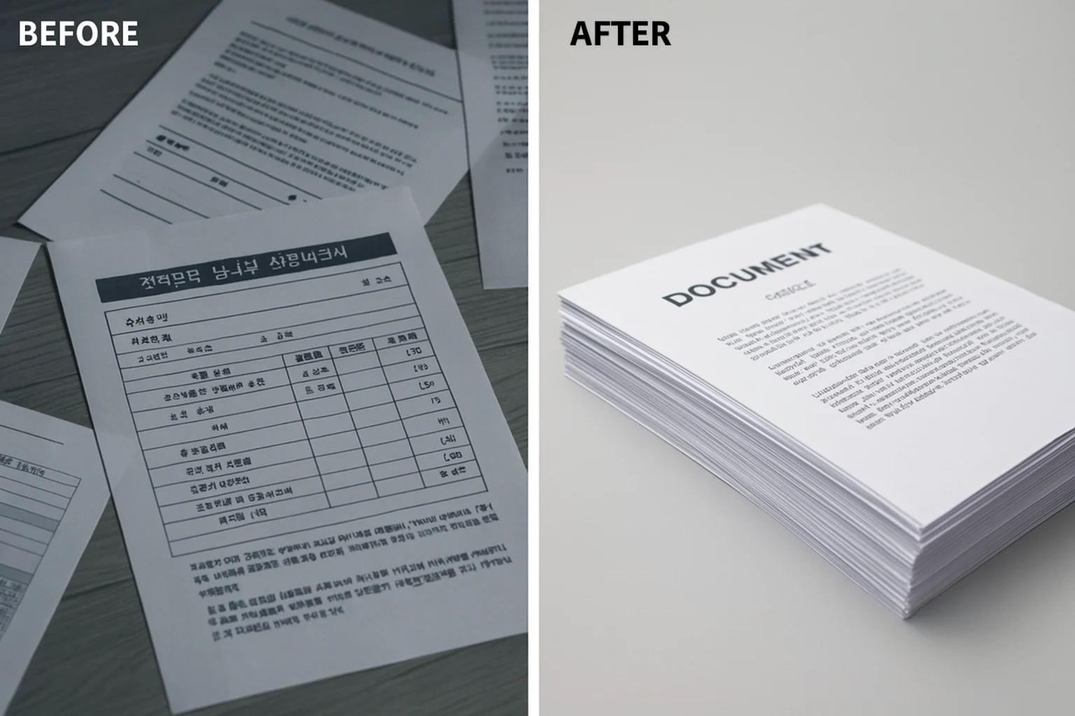 긴급복지 서류 정리 전후 대비 이미지