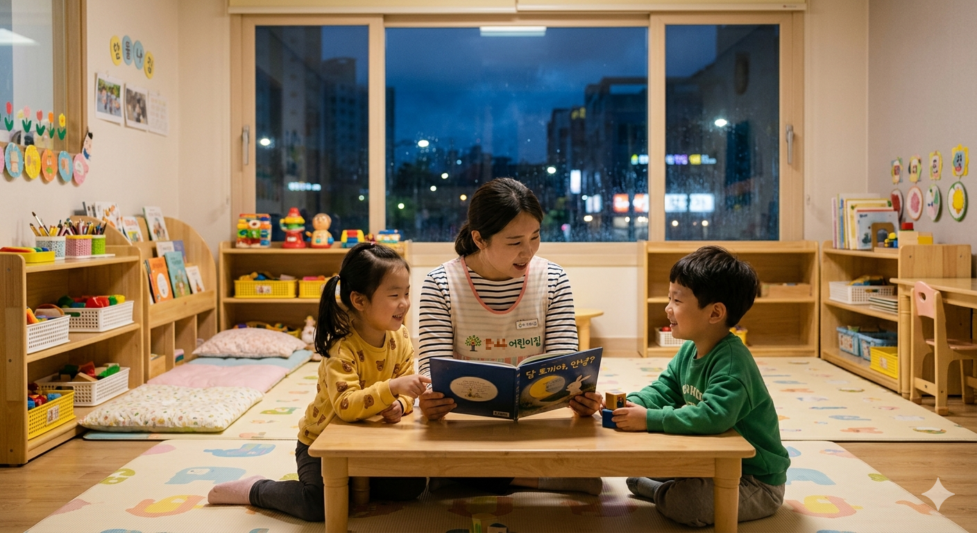 늦은 오후, 따뜻한 조명의 돌봄 시설에서 선생님과 즐겁게 책을 읽으며 부모를 기다리는 아이의 모습