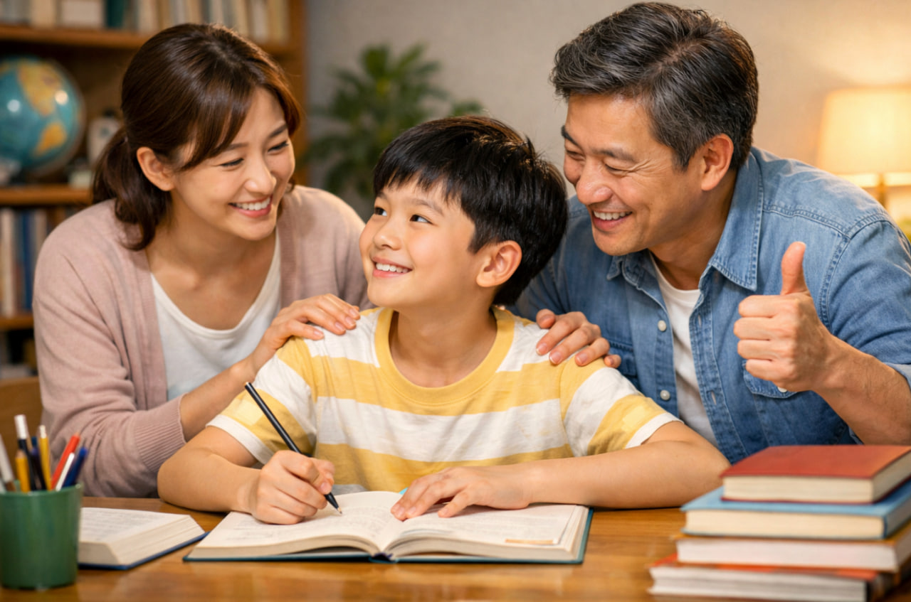 공부하는 학생을 격려해주는 부모님 관련 이미지