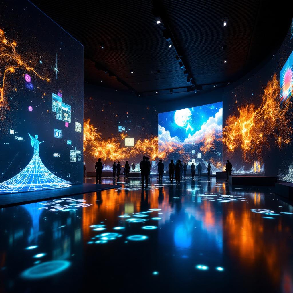 우주를 연상케 하는 배경 위로 불꽃처럼 흩날리는 디지털 파티클과 홀로그램이 공간 전체를 감싸며, 관람객들은 그 안에서 마치 SF 영화 속 장면처럼 몰입하게 됩니다.
