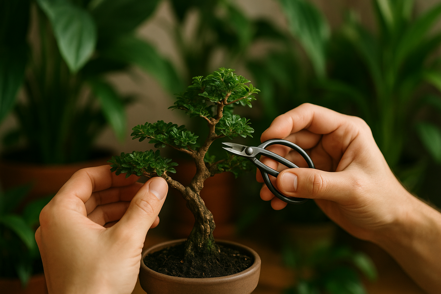 가위로 분재를 다듬는