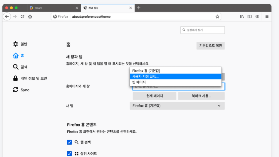 설정 페이지에서 [홈>홈페이지와 새 창>사용자 정의 URL]을 클합니다.