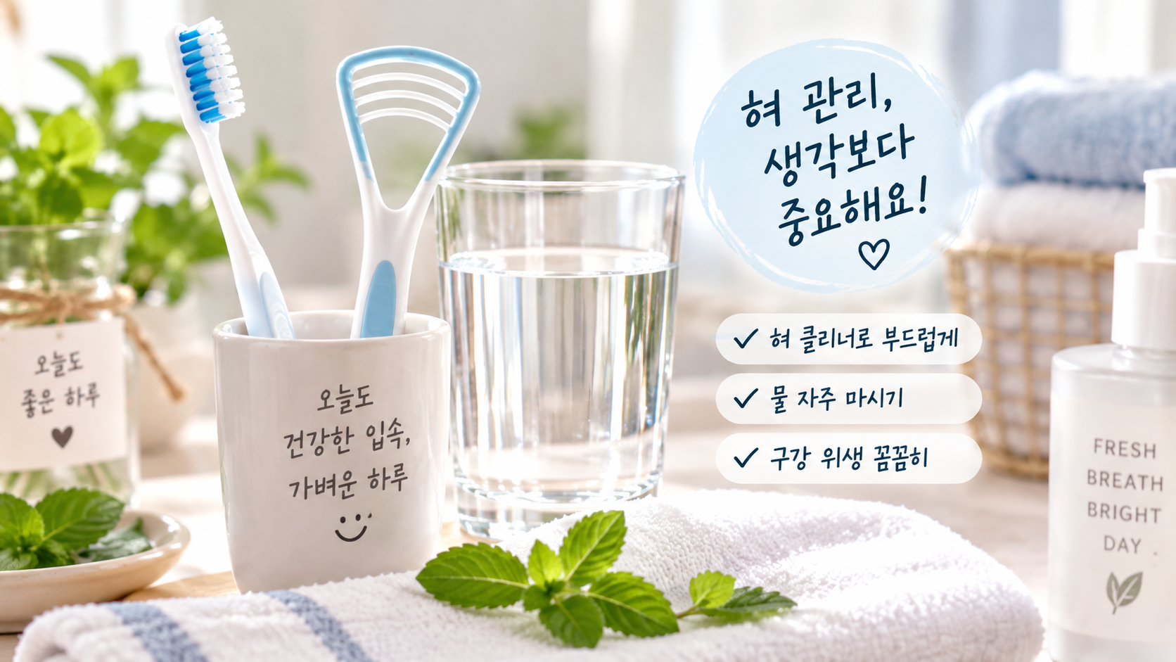 혀 클리너와 칫솔을 이용해 구강 위생을 관리하는 생활 모습