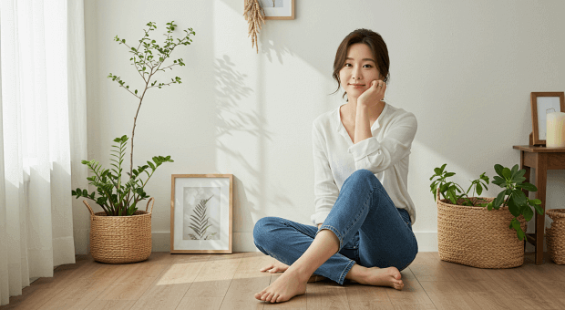 녹색-식물과-햇볕이-드는-바닥에-편안히-앉아-있는-여성