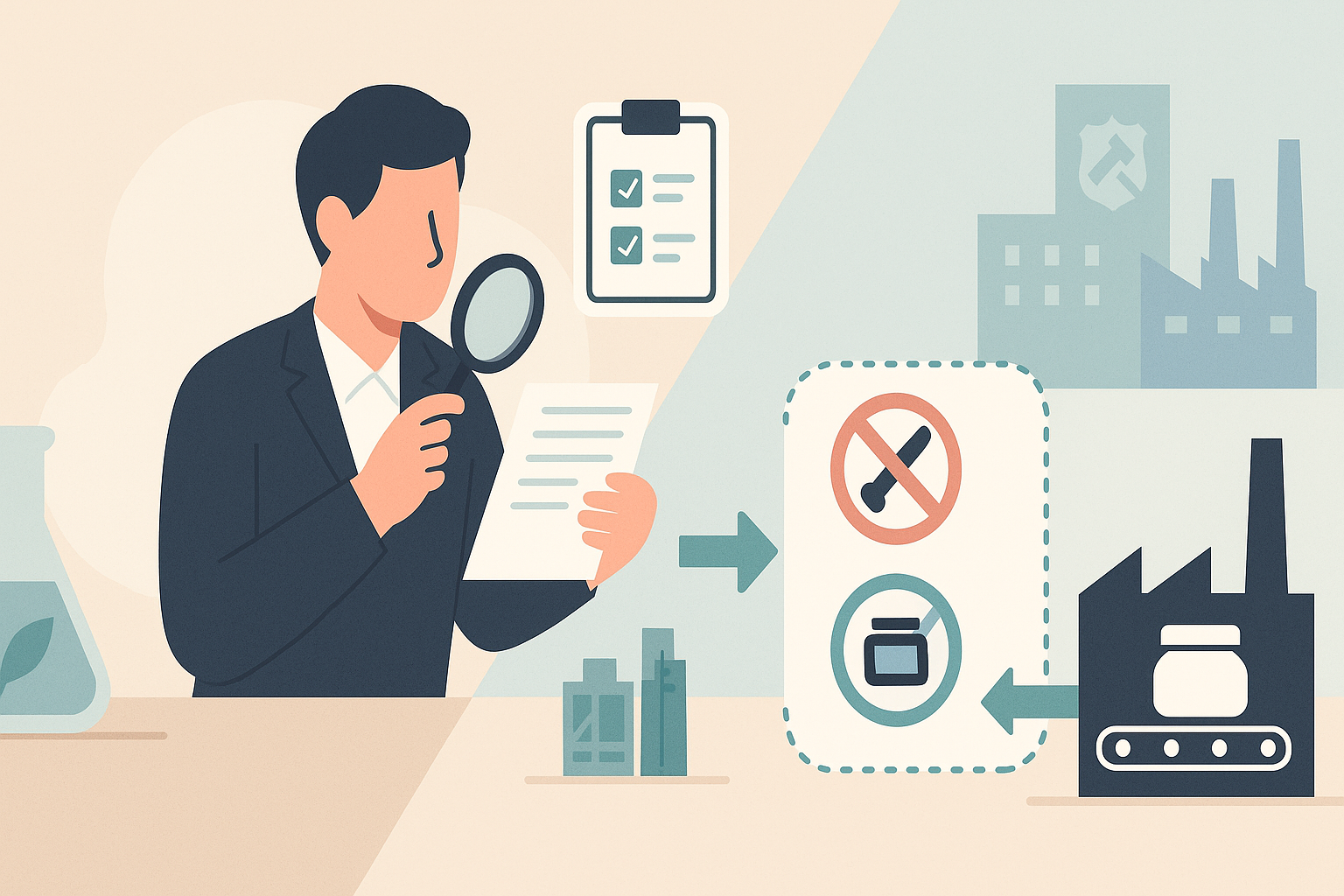 화장품 원료 제조와 규제 준수를 상징하는 21:9 파노라마 일러스트로, 실험실의 플라스크와 원료 아이콘, 문서를 점검하는 전문가, 사용금지&middot;사용한도 개념을 암시하는 표식, 원료 공장과 완제품 라인의 분리된 흐름을 통해 화장품제조업 등록 여부와 네거티브 리스트 중심의 식약처 안전기준, 자율 안전성 검토 과정을 부드러운 색감으로 표현한 배너 이미지.