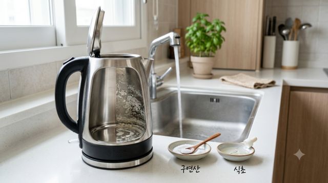 스테인리스 전기포트 내부에 생긴 하얀 물때와 세척에 사용하는 구연산과 식초