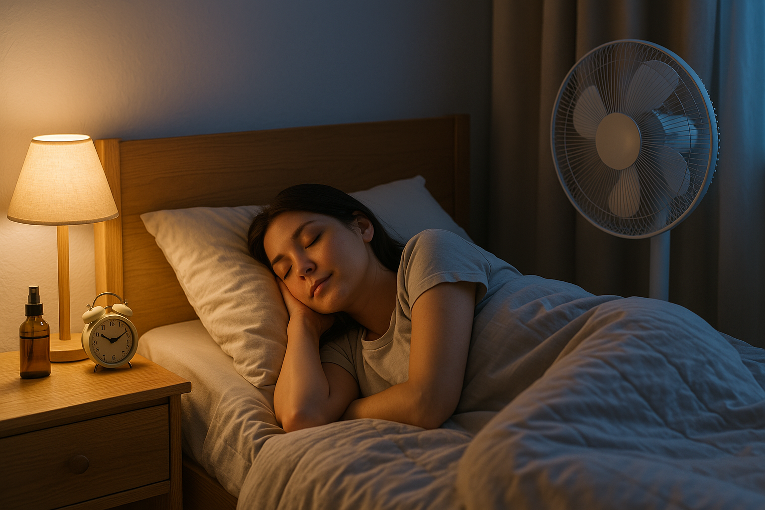 여름밤 선풍기와 스탠드 조명이 켜진 침실에서 조용히 숙면중인 여성의 모습