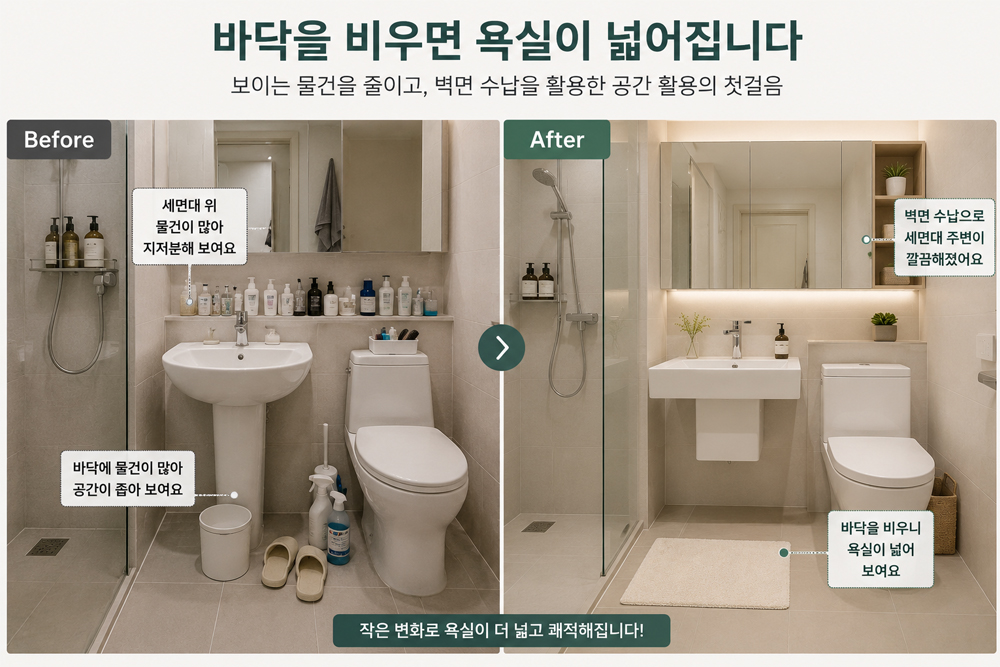 좁은 욕실 정리 전후 비교 이미지. 바닥을 비우고 벽면 수납을 활용해 호텔 욕실처럼 넓고 깔끔하게 바뀐 공간 활용 사례