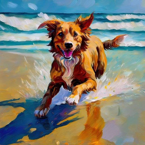 해변에서 뛰어노는 강아지 인상주의 그림3