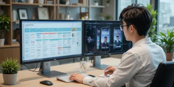 책상에서 듀얼 모니터로 알뜰폰 요금제를 비교하는 프리랜서