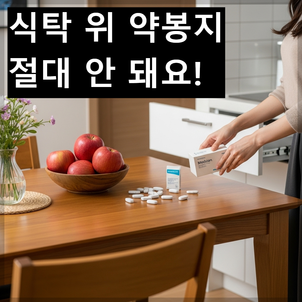 한국식 아파트 주방 식탁 위에 지저분한 약봉지 대신 싱싱한 과일과 꽃병이 놓여 있고, 약은 서랍에 깔끔하게 정리된 모습