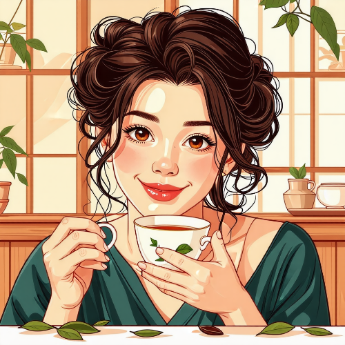 차를 마시는 여성 그림.