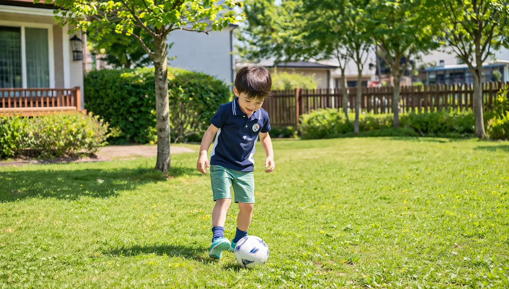 집 마당에서 축구공과 친해지는 유아의 모습