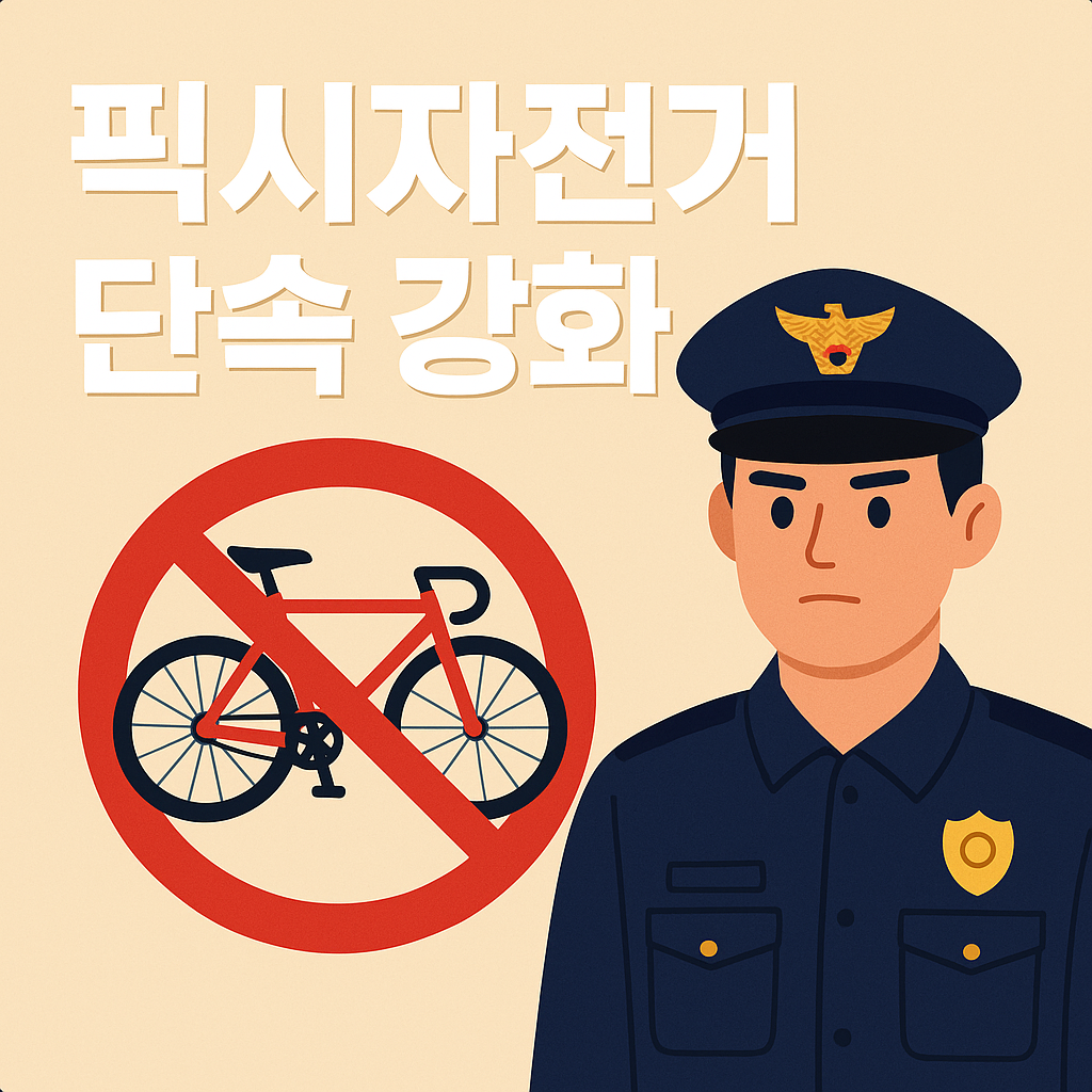 픽시자전거 단속 강화 썸네일 &ndash; 경찰과 브레이크 없는 자전거 단속을 상징하는 일러스트