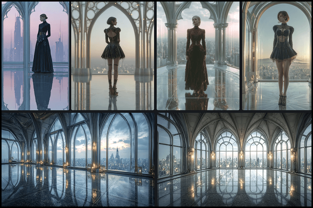 스타일 믹스, 클래식 (Classic) + 모던 어반 SF (Modern Urban Sci-Fi) 세계관의 여성형 안드로이드 무드 이미지 예시