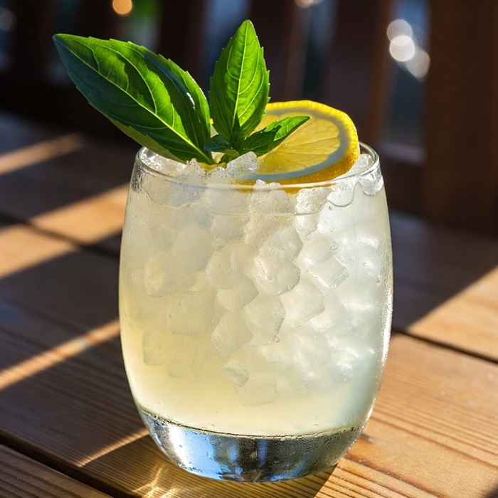 바질 스프리그와 레몬으로 장식된 시원한 레몬 바질 보드카 스매시