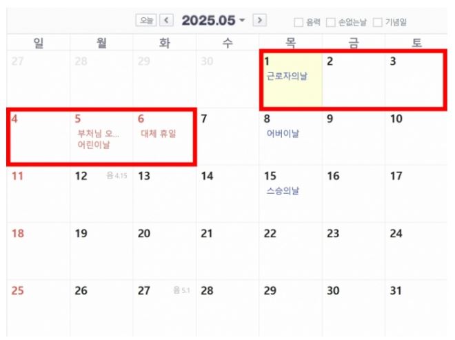 2025년 5월의 주요 공휴일