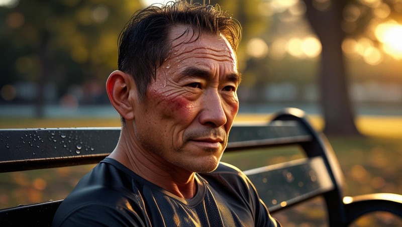 중년 남성이 운동후에 너무 힘들어 하는 장면