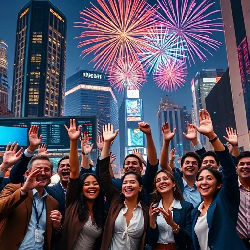 성공적인 공모주 상장을 축하하는 의미로, 주식 시장을 상징하는 배경에서 폭죽이 터지고 사람들이 환호하는 모습입니다. 투자자들과 회사의 기쁨을 표현합니다.