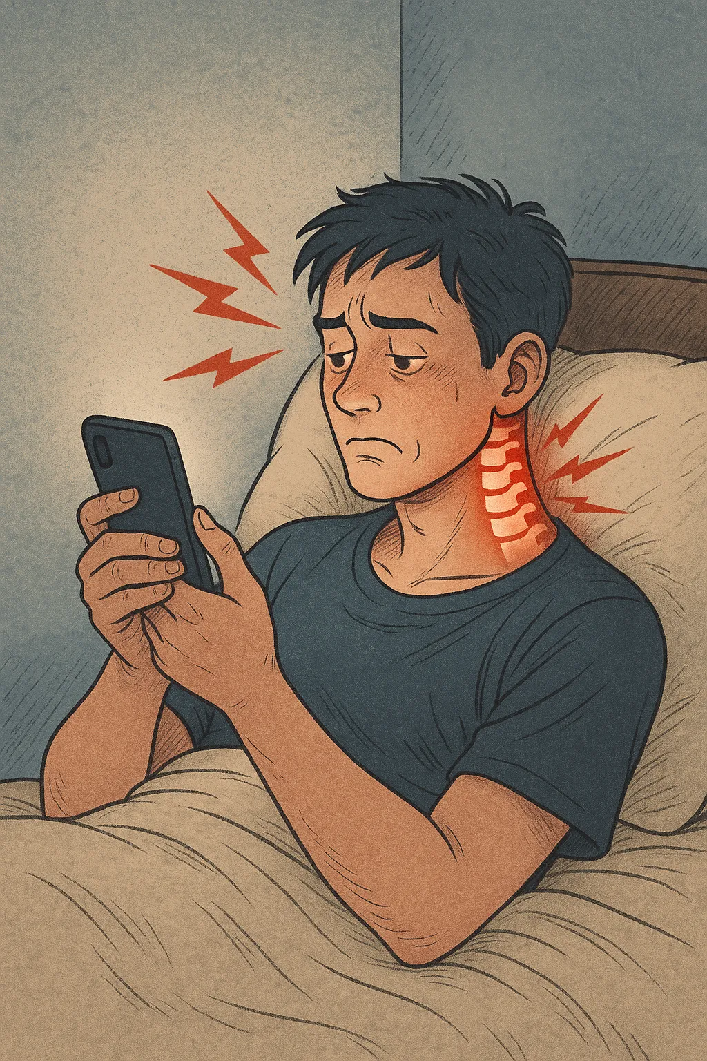 침대에서-휴대폰을-보다가-목에-통증을-느끼는-남성이-표현된-일러스트로-경추-부위와-통증-그래픽이-강조됨