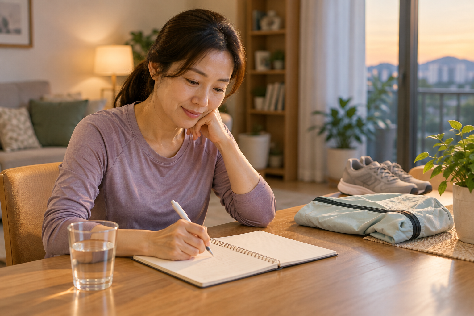 가벼운 운동 뒤 기침과 숨참의 반복 양상을 노트에 기록하는 성인