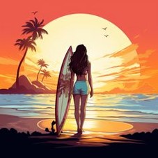보드를-들고-노을진-해안가로-걸어가는-여자-일러스트